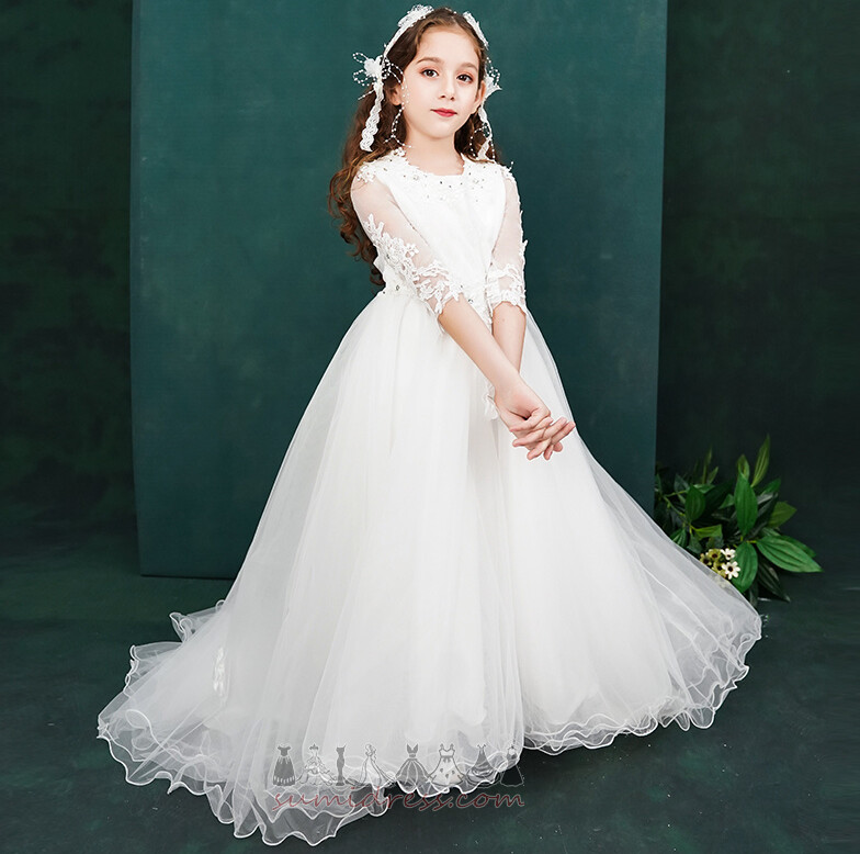 3/4 Length Sleeves Natural Waist Long Jewel Zipper Up Show/Performance Little girl dress