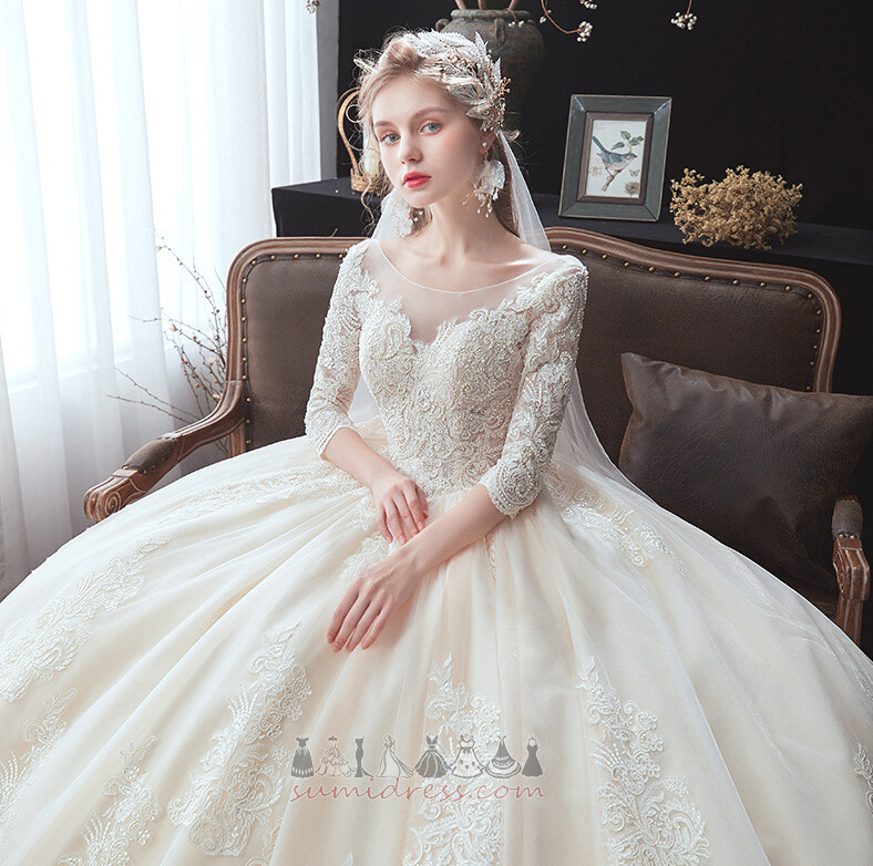 3/4 Length Sleeves Scoop Elegant Spring Inverted Triangle Deep v-Neck Wedding Dress
