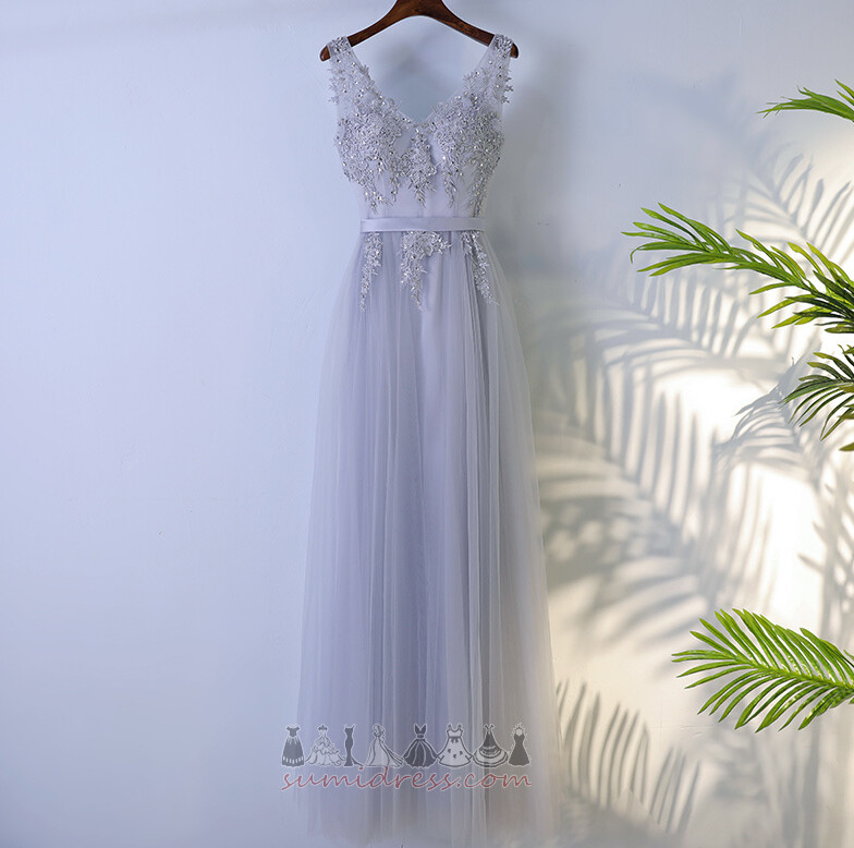 A-Lijn Rits Tule V-nek Mouwloos Vloer Lengte Bruidsmeisje jurk