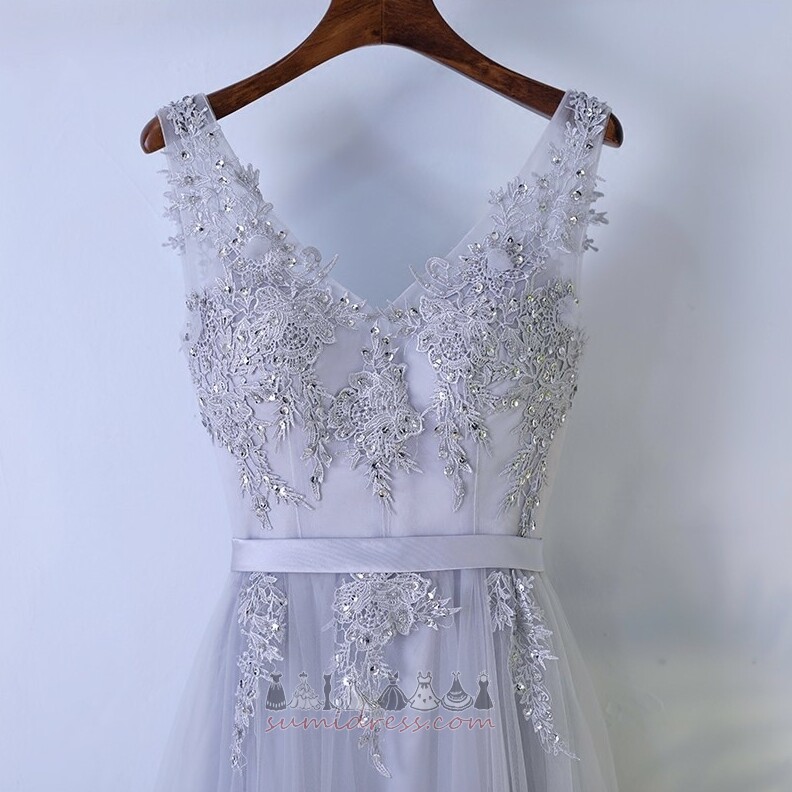 A-Lijn Rits Tule V-nek Mouwloos Vloer Lengte Bruidsmeisje jurk