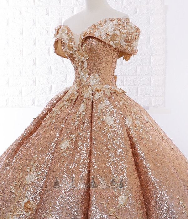 A-Lijn Verbindend Afgetopte mouwen Off-The-Shoulder Lang Luxueus Quinceanera jurk