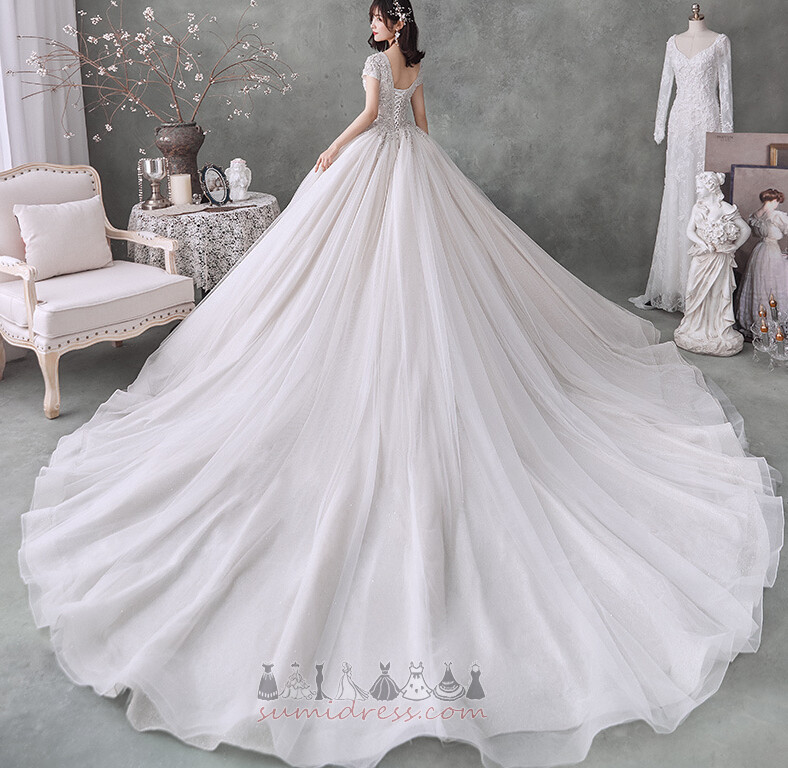 A-Line Beading Long Medium Jewel Bodice V-Neck Wedding gown