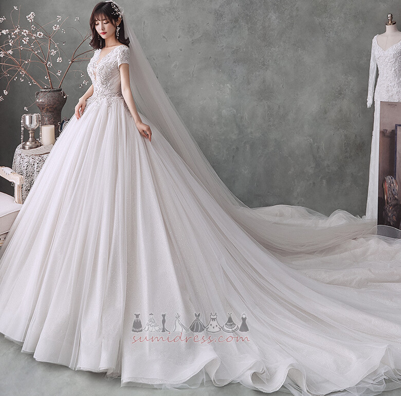 A-Line Beading Long Medium Jewel Bodice V-Neck Wedding gown
