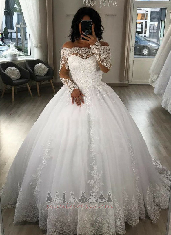A-Line Floor Length Tulle Long Sleeves Off Shoulder Beading Wedding gown