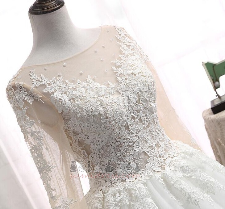 A-Line Illusion Sleeves Zipper Up Court Train Hall Natural Waist Wedding Dress
