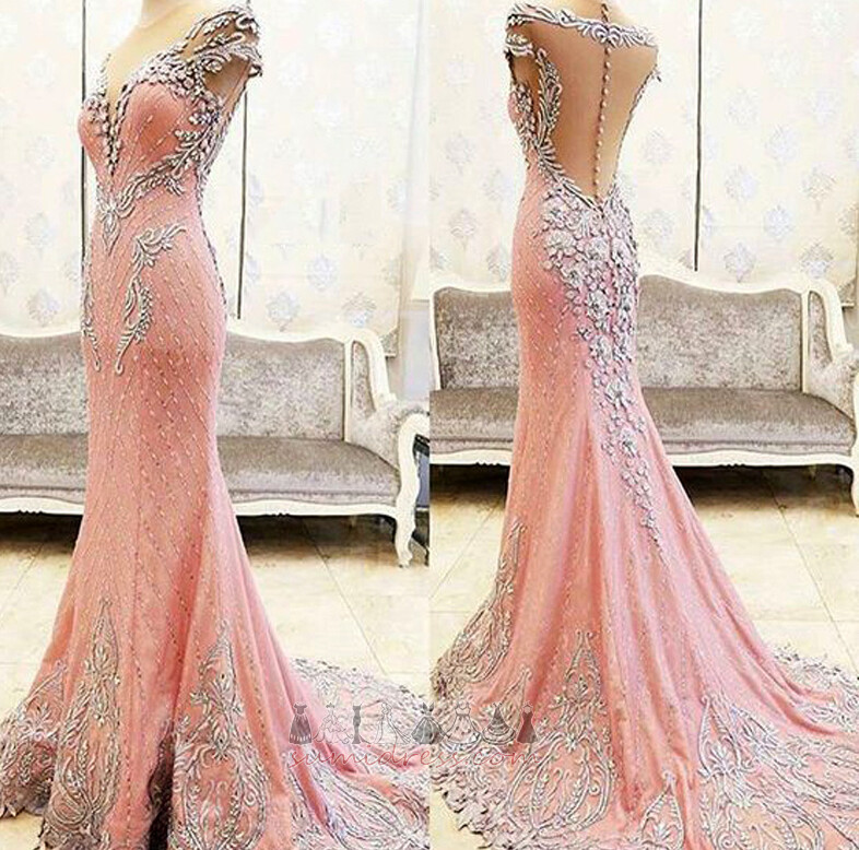 A Line Lace Luxurious Sheer Back Jewel banquet Evening Dress