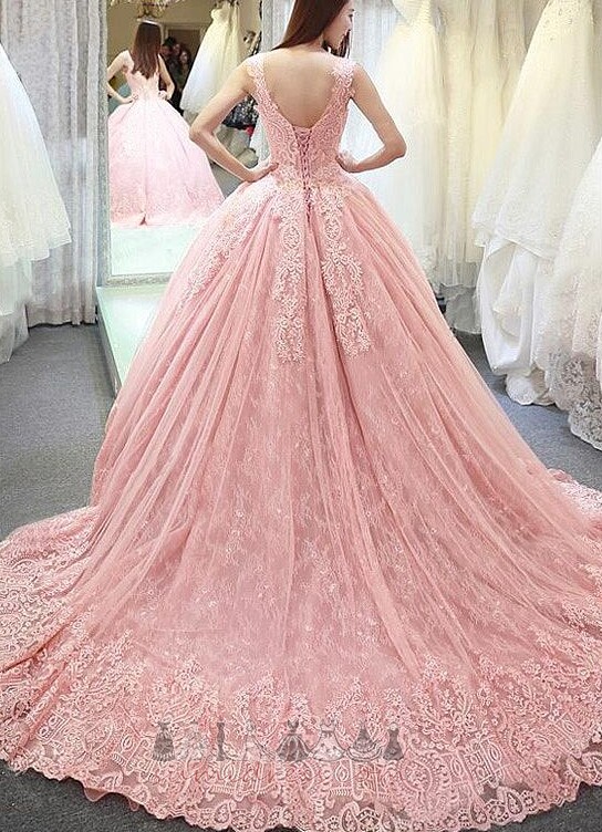 A-Line Lace Pear Hall Royal Train Jewel Wedding Dress
