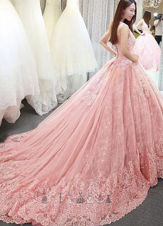 A-Line Lace Pear Hall Royal Train Jewel Wedding Dress