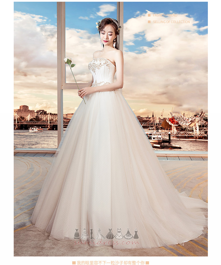 A-Line Lace-up Long Beading Tulle Spring Wedding gown
