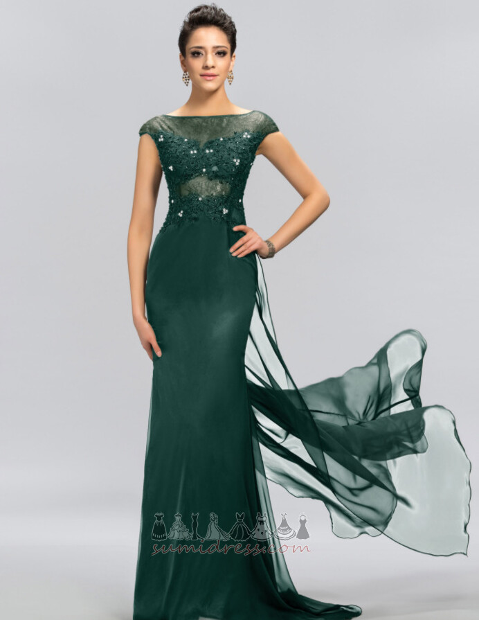 A-Line Long Capped Sleeves Beading Short Sleeves Thin Evening Dress