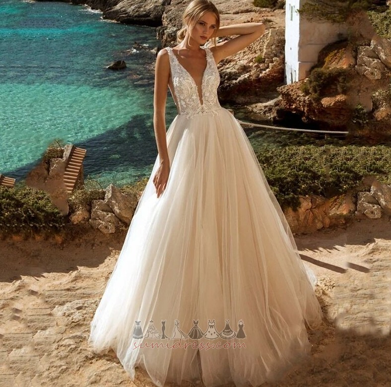 A-Line Long Tulle Natural Waist Applique Simple Wedding Dress