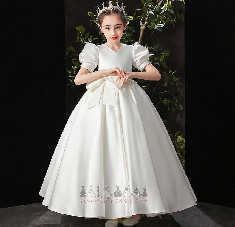 A Line Natural Waist Medium Pouf Sleeves Satin V-Neck Little girl dress