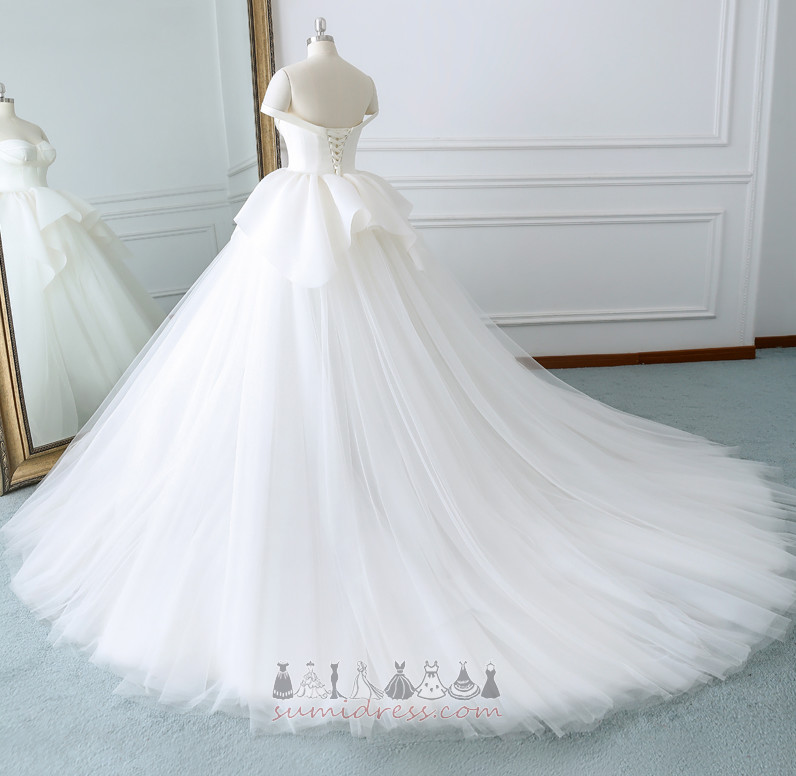 A Line Off Shoulder Satin Backless Draped Sweep Train Wedding gown