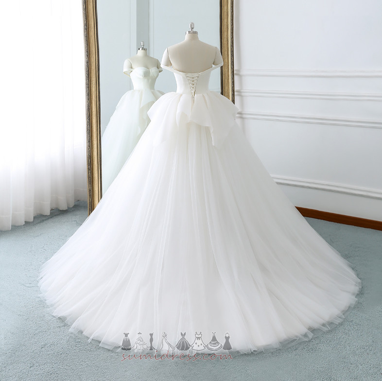 A Line Off Shoulder Satin Backless Draped Sweep Train Wedding gown