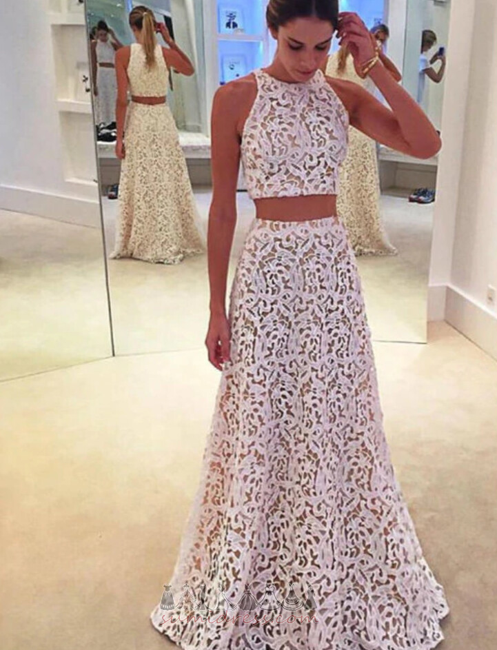 A-Line Pear Lace Sleeveless Floor Length Jewel Prom Dress