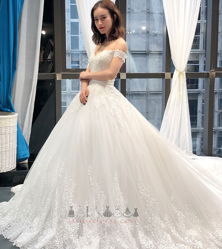 A-Line Pear Lace-up Capped Sleeves Formal Lace Wedding Dress