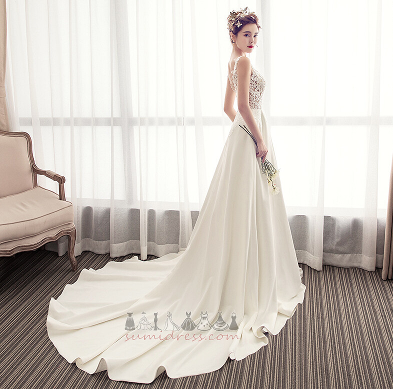 A-Line Satin Long Sleeveless V-Neck Outdoor Wedding Dress