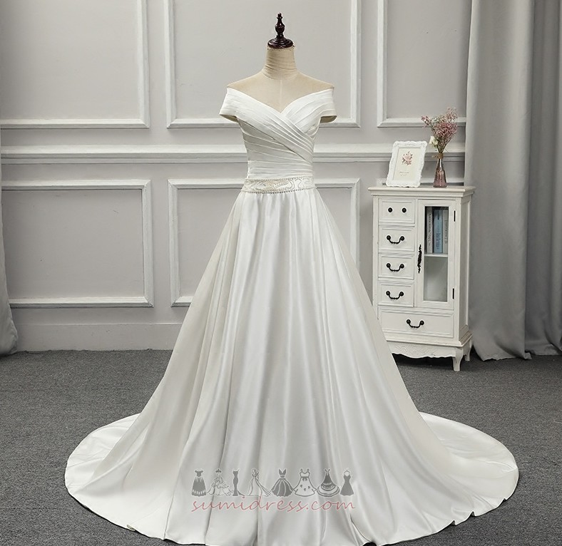 A-Line Short Sleeves Natural Waist Off Shoulder Beaded Belt Pleated Bodice Wedding skirt