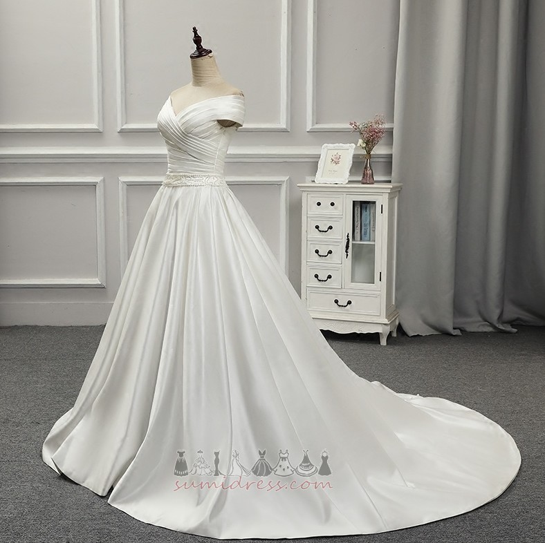 A-Line Short Sleeves Natural Waist Off Shoulder Beaded Belt Pleated Bodice Wedding skirt