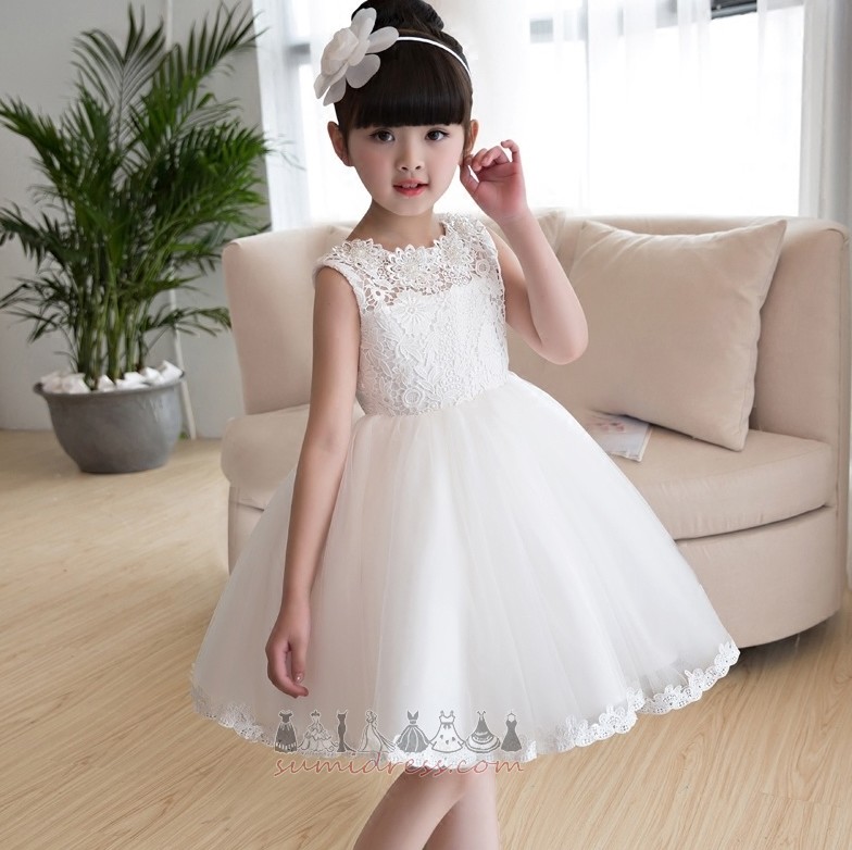 A Line Sleeveless Knee Length Accented Bow Lace Overlay Tulle Flower Girl Dress