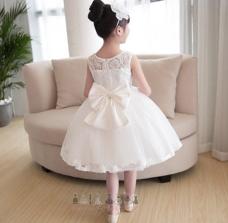 A Line Sleeveless Knee Length Accented Bow Lace Overlay Tulle Flower Girl Dress