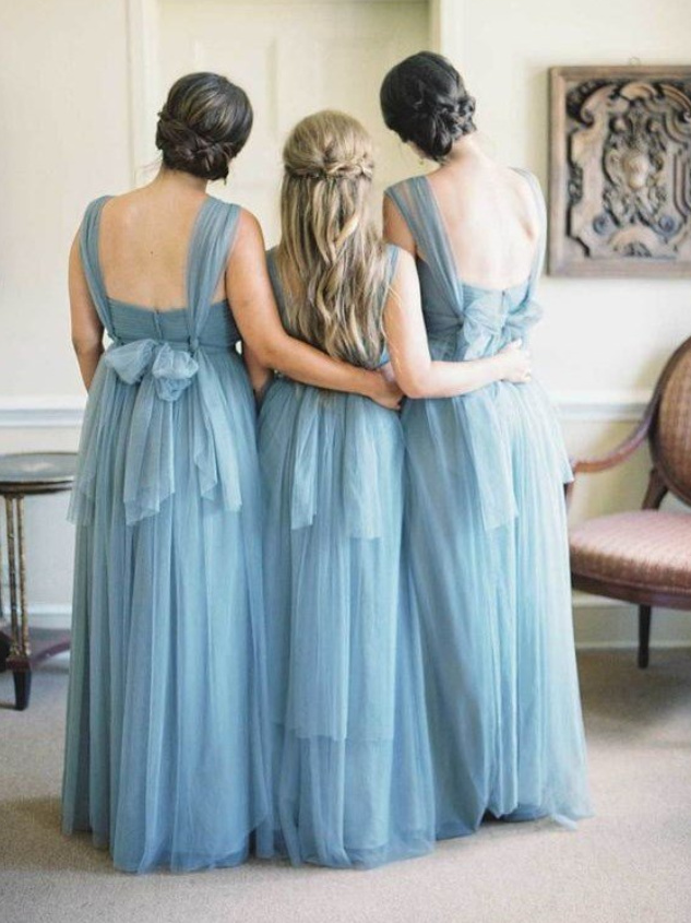 A-Line Spring Tulle Draped Pleated Bodice Natural Waist Bridesmaid Dress