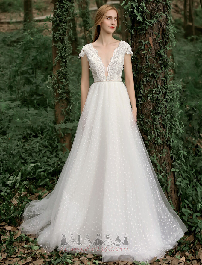 A-Line Sweep Train Elegant Lace Overlay Outdoor Zipper Up Wedding Dress