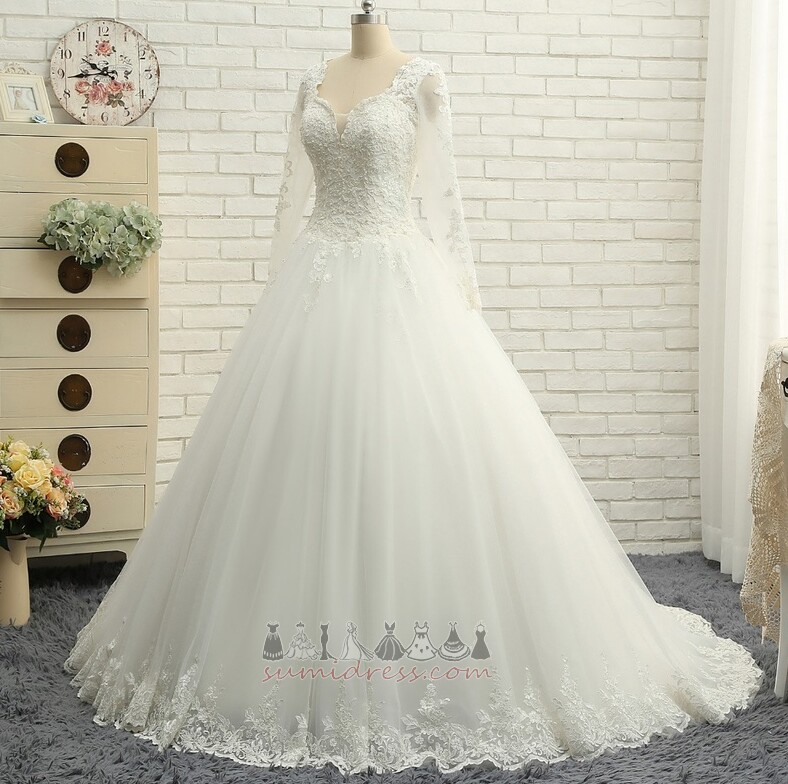 A-Line V-Neck Tulle Illusion Sleeves Binding Elegant Wedding Dress
