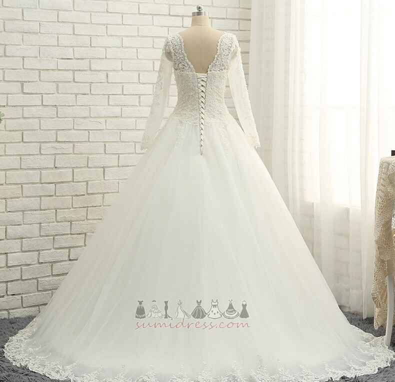 A-Line V-Neck Tulle Illusion Sleeves Binding Elegant Wedding Dress