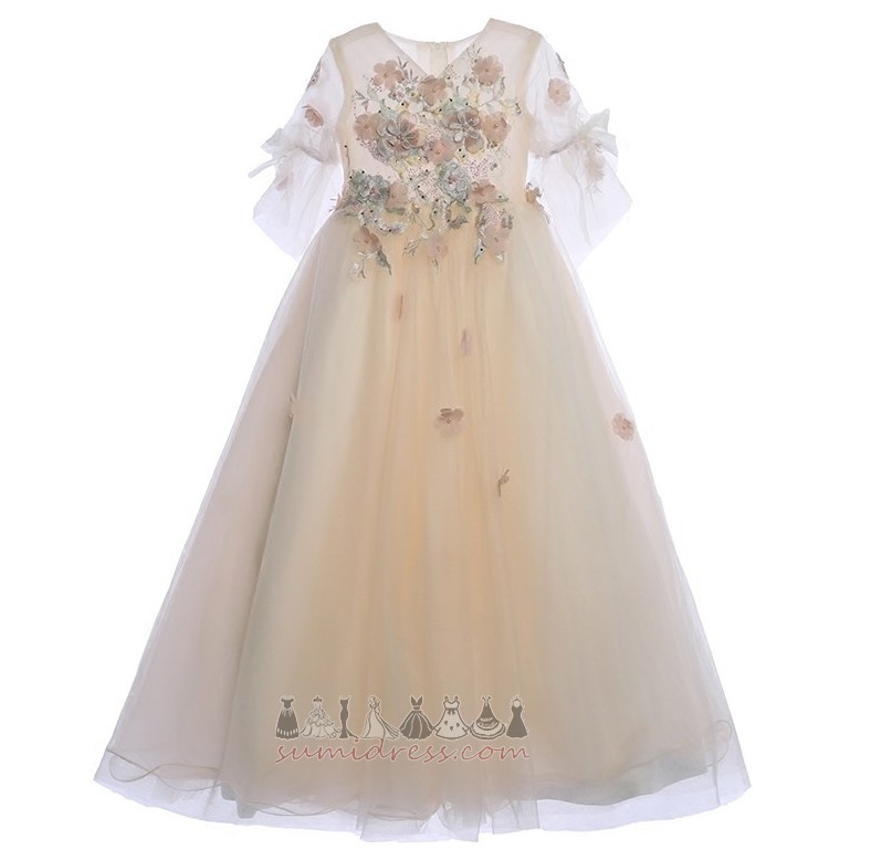 A-Line Wedding V-Neck Illusion Sleeves Natural Waist Tulle Overlay Communion Dress