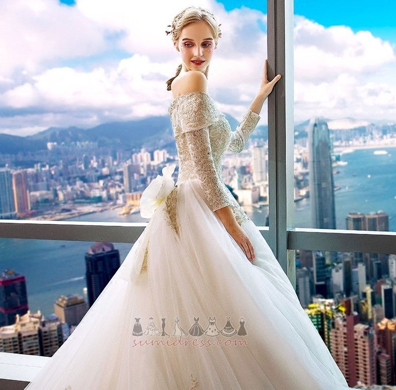 A-Line Winter Lace-up Formal Royal Train Illusion Sleeves Wedding Dress