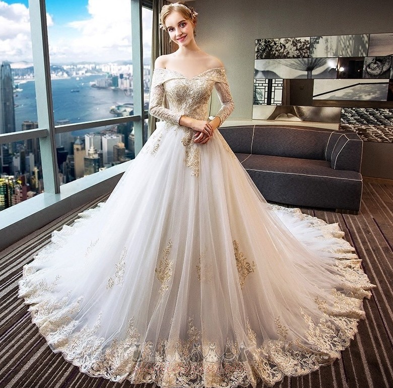 A-Line Winter Lace-up Formal Royal Train Illusion Sleeves Wedding Dress