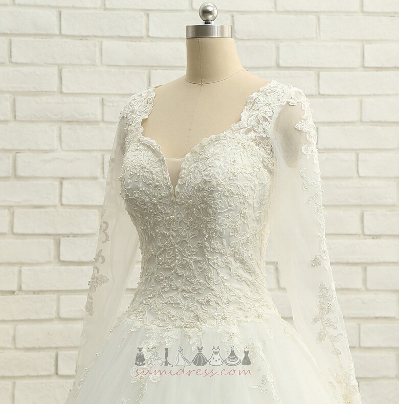 A-linjeformat Tyll Elegant V-ringning llusion ärmar Spets-up bröllops kjol