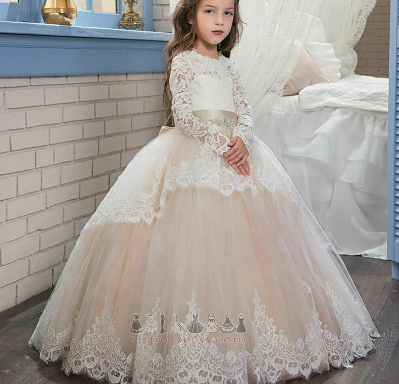 Accented Bow Natural Waist Tulle Long Sale Long Sleeves Flower Girl Dress