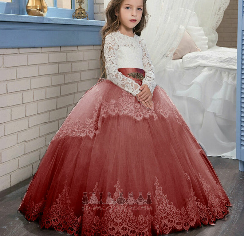Accented Bow Natural Waist Tulle Long Sale Long Sleeves Flower Girl Dress