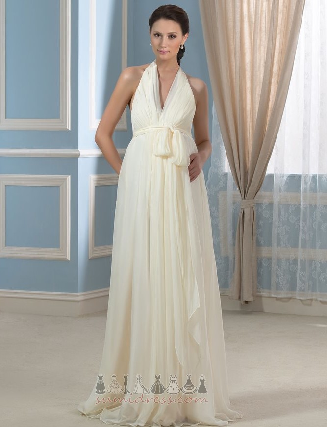 Accented Bow Zipper Up Pleated V-Neck Sweep Train Empire Wedding Dress