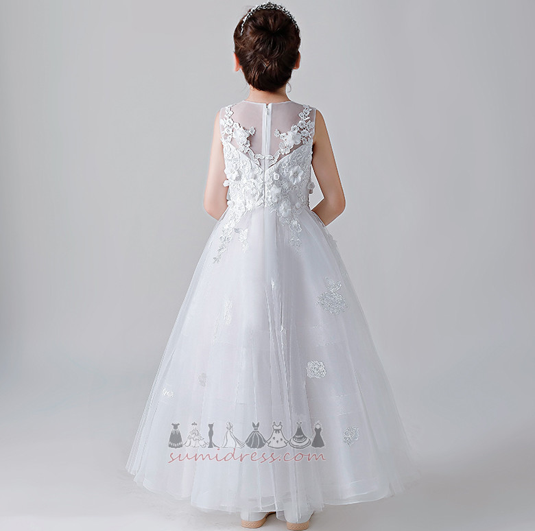 Accented Rosette Natural Waist Jewel Ankle Length Zipper Up Satin Flower Girl Dress