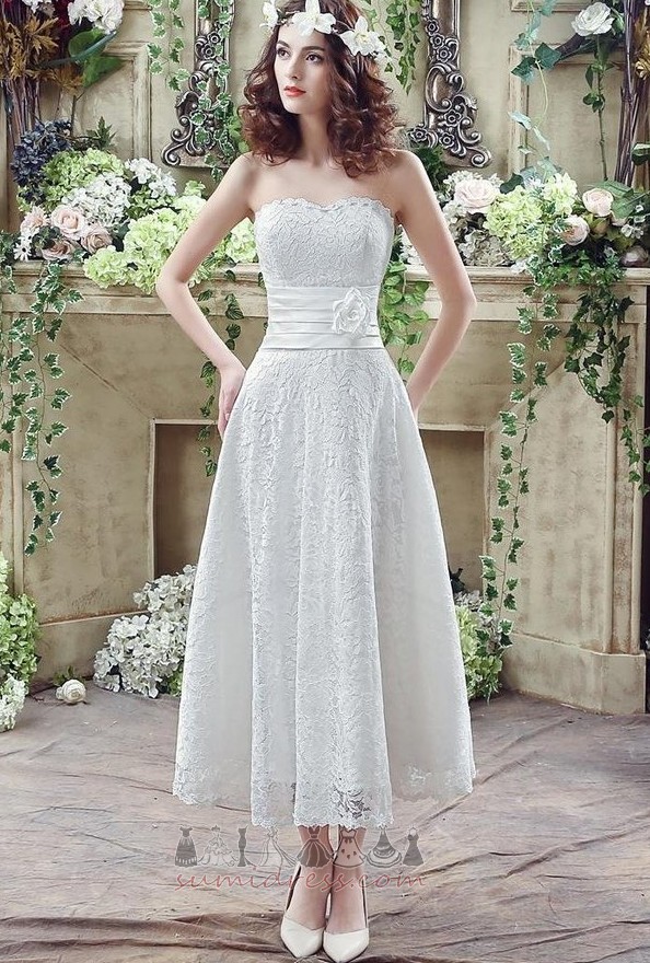 Accented Rosette Tea Length Draped Strapless Sleeveless A-Line Wedding Dress