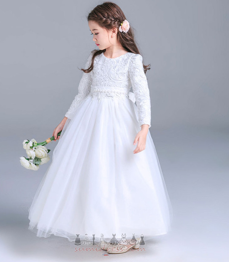 Ankle Length Beaded Belt Zipper Up Long Sleeves Wedding Formal Flower Girl Dress