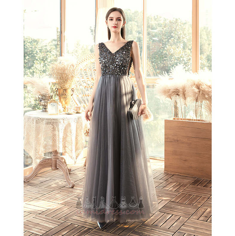 Ankle Length Beading Natural Waist Swing A-Line V-Neck Prom gown