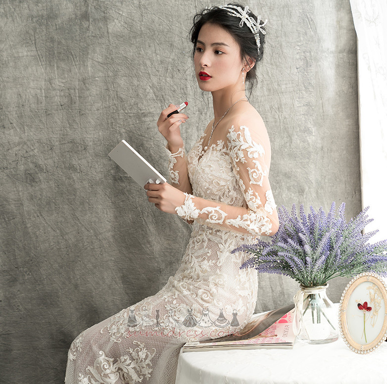 аплікації на відкритому повітрі Мереживо Overlay атлас довгі рукави русалка Весільна сукня