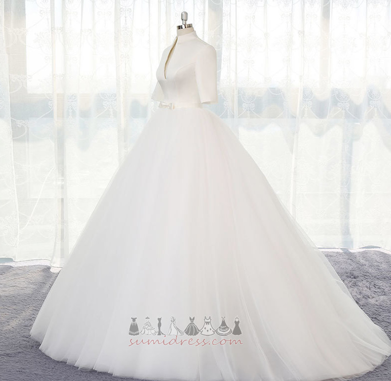 Apple Multi Layer V-Neck Hall 3/4 Length Sleeves Satin Wedding Dress