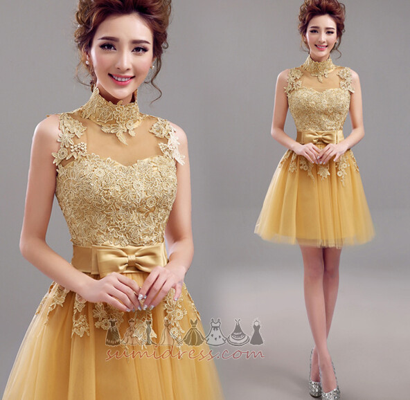 Applique Accented Bow High Neck Inverted Triangle Tulle A-Line Leavers dresse