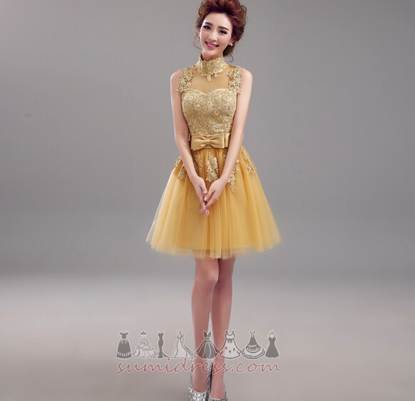 Applique Accented Bow High Neck Inverted Triangle Tulle A-Line Leavers dresse