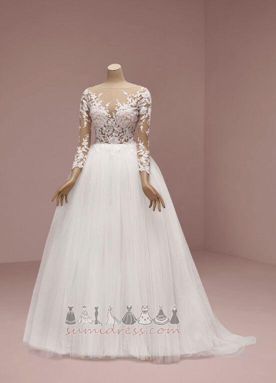 Applique Beach Bateau Backless Hemline Long Illusion Sleeves Wedding Dress