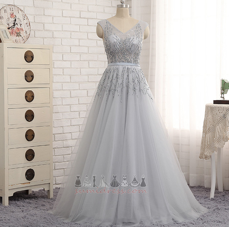 Applique Lace-up Wedding Sleeveless V-Neck Sweep Train Prom Dress
