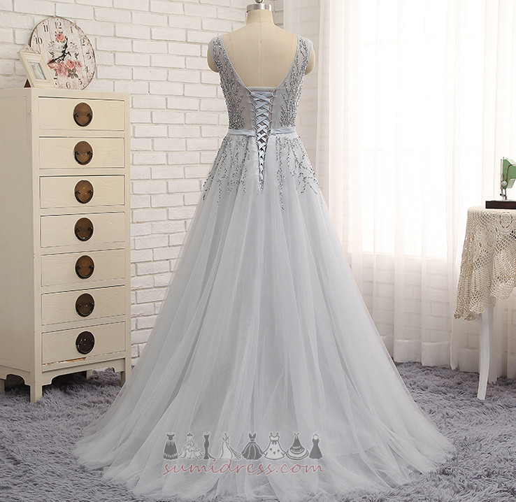 Applique Lace-up Wedding Sleeveless V-Neck Sweep Train Prom Dress