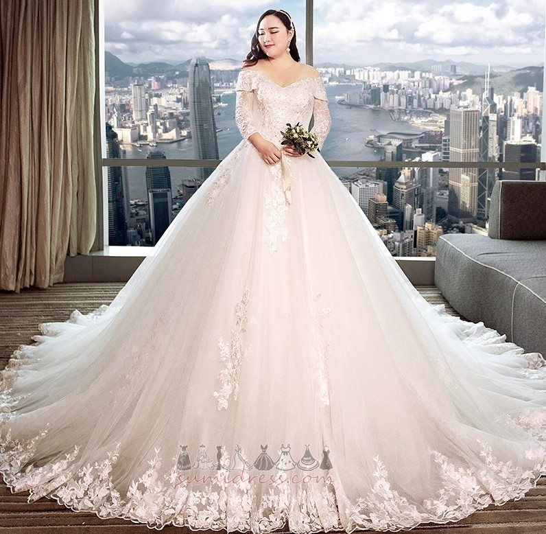 Applique Long Spring Lace-up V-Neck Illusion Sleeves Wedding gown