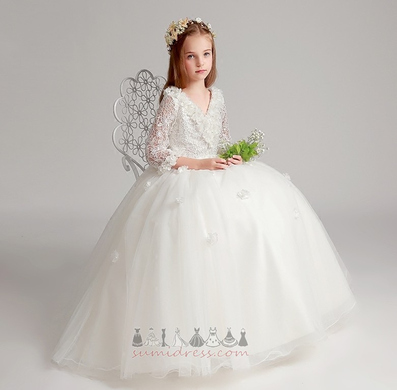 Applique Medium Ankle Length A-Line 3/4 Length Sleeves Natural Waist Flower Girl Dress