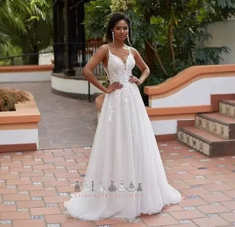 Applique Medium Spring Backless V-Neck A-Line Wedding Dress